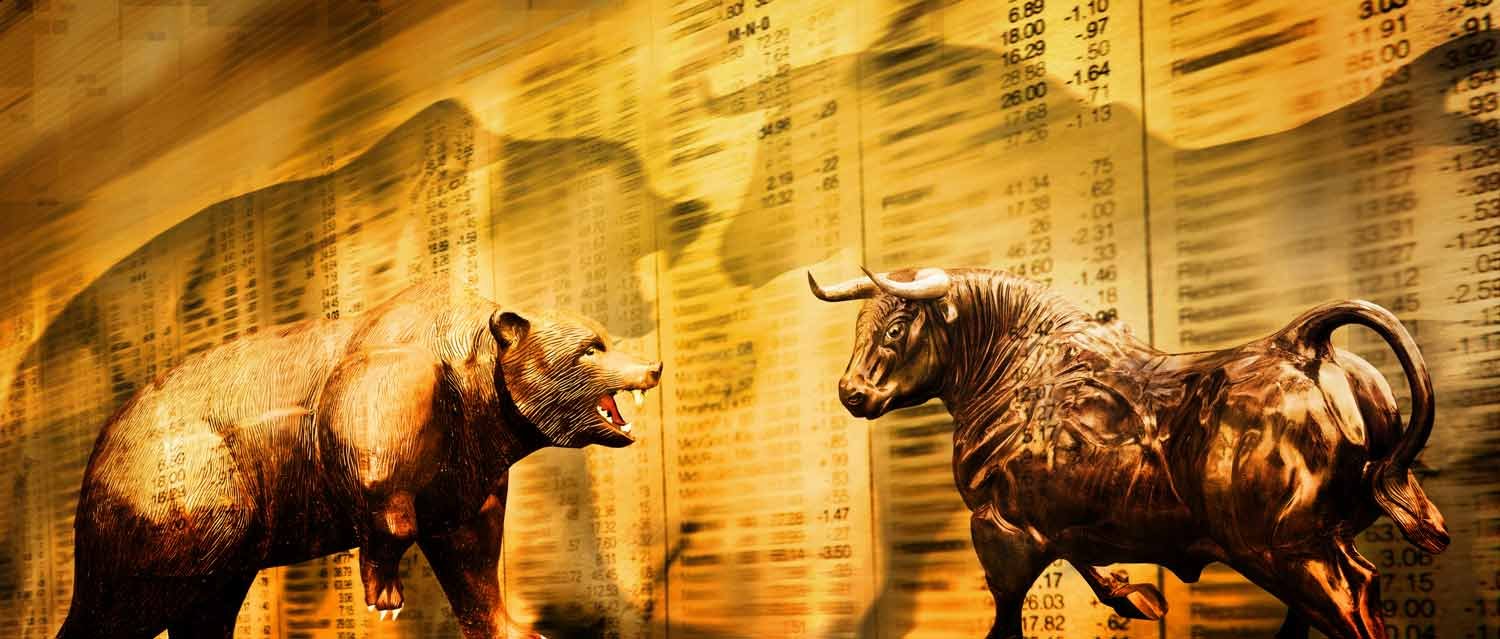 1687553005 dreamstime m 21042281 The Wall Street bull and a bear over a golden hued stock market generation of numbers Image